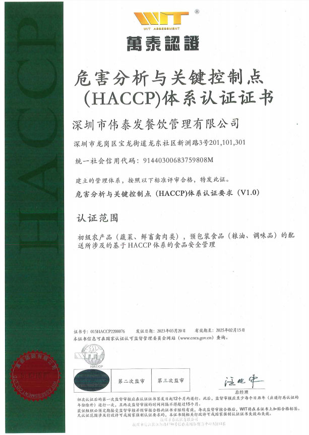 危害分析與關鍵控制點（HACCP）體系認證證書-深圳市偉泰發餐飲管理有限公司